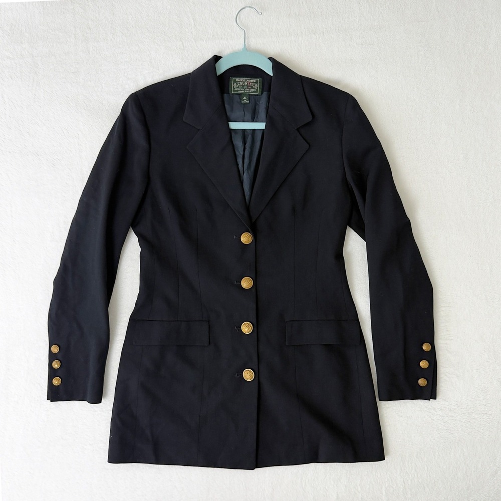 Ralph Lauren Country Black Wool Blazer Gold Crest Buttons Equestrian Vtg Size 4